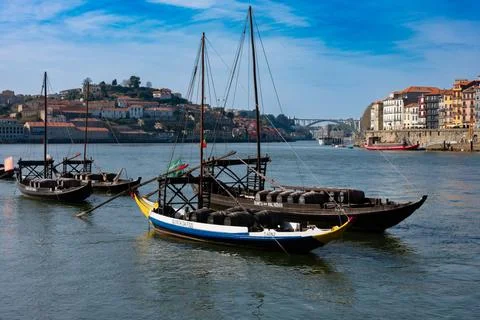 Boats from the wineries in the Douro river Stock Photos