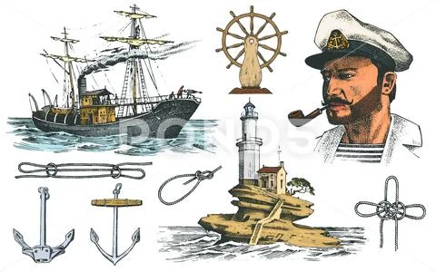 Boatswain with pipe. Lighthouse and sea captain, marine sailor, nautical travel Stock Illustration