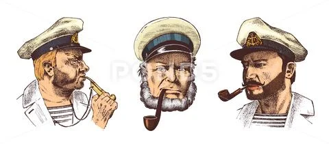 Boatswain with pipe. Portrait of a sea captain, Marine old sailor or bluejacket Stock Illustration