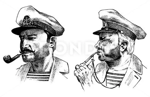 Boatswain with pipe. sea captain, marine old sailor or bluejacket, whistle and Stock Illustration