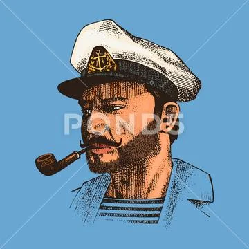 Boatswain with pipe. sea captain, marine old sailor or bluejacket, seaman with Stock Illustration