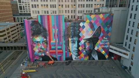 Bob Dylan Mural 4K Aerial Dolly In and Descent Minneapolis, MN Stock Footage 220468243
