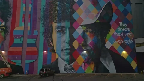 Bob Dylan Mural 4K Dolly Out Minneapolis, MN Blue Hour Stock Footage 220468378