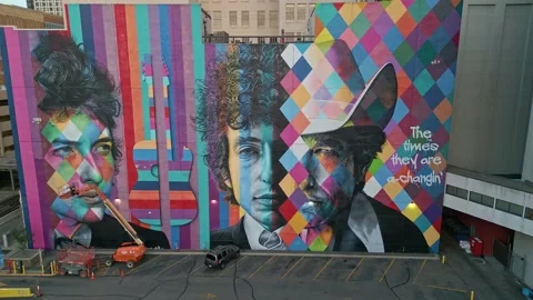 Bob Dylan Mural 4K Drone Truck Left Minneapolis Stock Footage 220468185