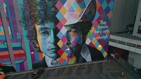 Bob Dylan Mural 4K Drone Dolly In and Tilt Minneapolis, MN Stock Footage 220468240