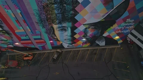 Bob Dylan Mural 4K Drone Descent and Tilt Up Minneapolis, MN Blue Hour Video stock 220468409