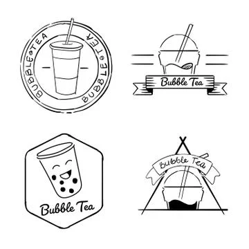 Boba logo set collection template banner hand drawing sketch white isolated Stock Illustration