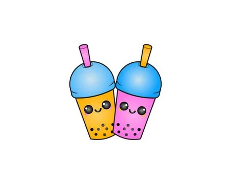 Boba Milk Tea Logo, Bubble Tea, Beverage Symbol with Cute Vector Kawaii Cha.. Stock Illustration
