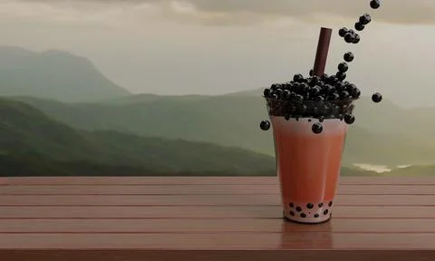 Boba milk Tea or Bubble Milk Tea isolated on wooden table and mountain view.  Stock Illustration