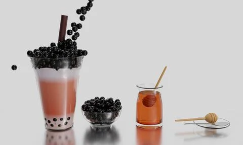 Boba milk Tea or Bubble Milk Tea with honey in clear bottle. Many black pea.. Stock Illustration