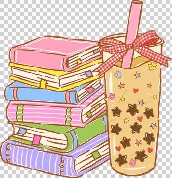 Boba Tea Bookish, Stack of Books and Bubble Tea Illustration Hand Drawn Illustration