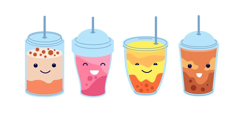 Boba tea. Healthy refresh bubble milk drink. Trendy cold asian juice, cute Stock Illustration