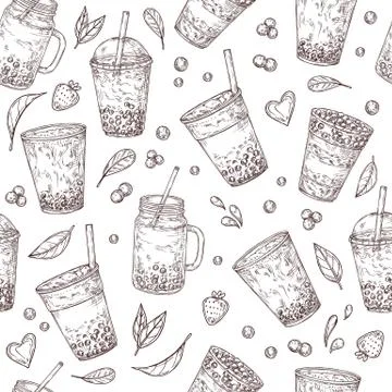 Boba tea pattern. Asian drinks background, bubble milk shake. Fresh cold juices Stock Illustration