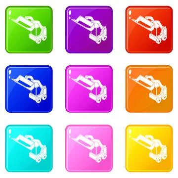 Bobcat machine icons set 9 color collection Stock Illustration