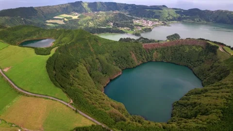 Boca do Inferno viewpoint in Azores aerial drone Sete Cidades crater Stock Footage 317103422