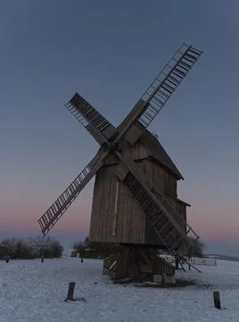 Bockwindmill in krippendorf thuringia at winter historical upright Stock Photos