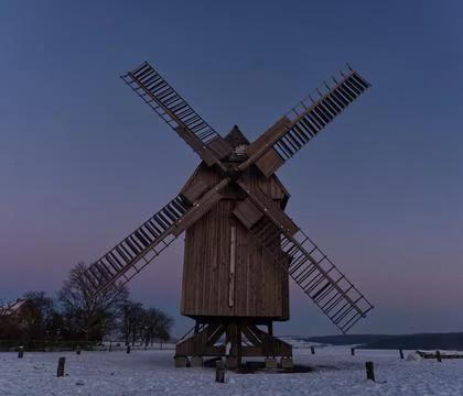 Bockwindmill in krippendorf thuringia at winter historical landscape format Stock Photos