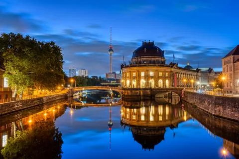 The Bode-Museum and the Television Tower in Berlin at night Stock Photos