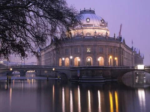 Bode museum, Berlin winter night at Spree river with scenic view to the fa... Фото