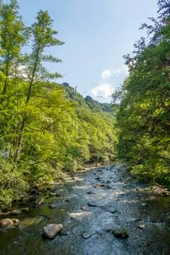 Bode river and the cable car to the outlook Hexentanzplatz, Harz mountains, G Stock Photos