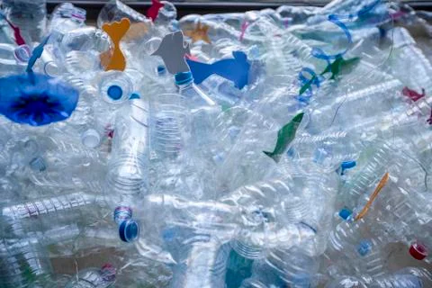 Bodegon of plastic bottles creating a sea with paper fish Stock Photos