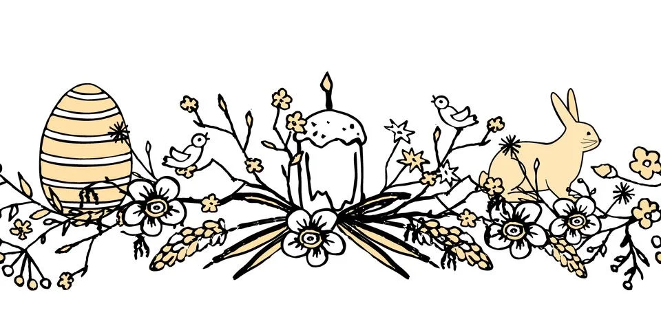 Boder for Easter with floral wreath with egg, bird, easter cake, hare and bru Ilustración de archivo
