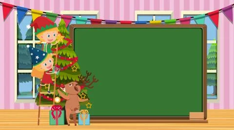 Boder template with girls decorating christmas tree Ilustración de archivo