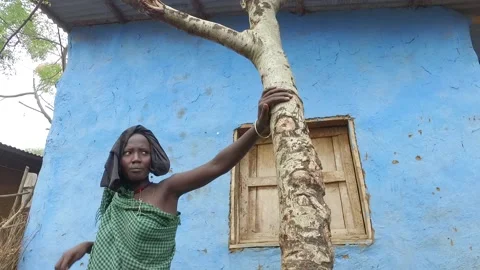 Bodi Woman Posing In front Of A Blue House Hana Mursi, Ethiopia Vidéo 194807640
