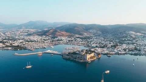 Bodrum ancient castle in Bodrum town on Aegean coast with marina Stock Footage 246470678