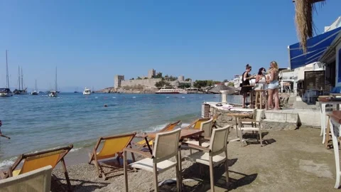 Bodrum beach Aegean sea overlooking the castle. Turkey Stock Footage 169288665
