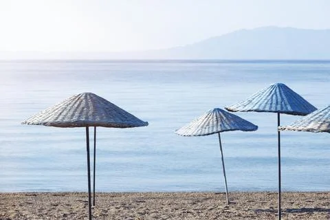 Bodrum Bitez Beach With Straw Umbrella - Aegean Sea. Retro ?mage Bodrum Bitez Stock-Fotos