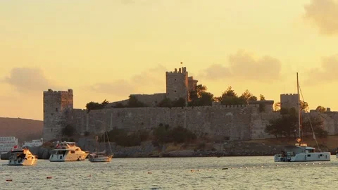 Bodrum Castle sunset view. A medieval mediterranean fortress by the sea. Famous Stock Footage 221044035