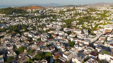 Bodrum, Turkey. Aerial drone flight over traditional white houses with flat Stock Footage 319887119