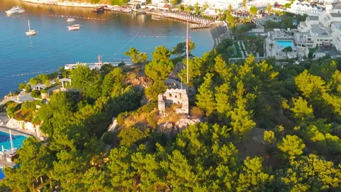 Bodrum, Turkey. Aerial drone view of Tiger Tower, part of Bodrum Castle's Stock Footage 319628448