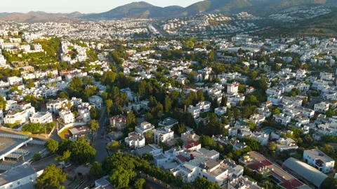 Bodrum, Turkey. Aerial drone view of white flat-roofed houses terraced on Stock Footage 319742767