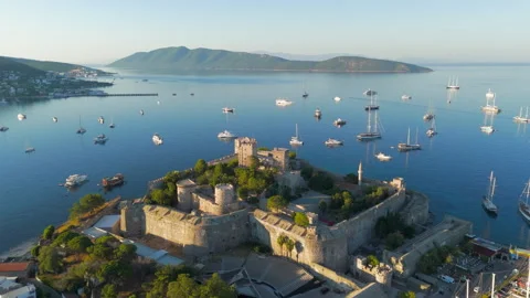 Bodrum, Turkey. Aerial drone view of Castle of St. Peter, 15th century Crusader Video stock 319814339