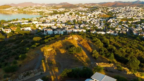 Bodrum, Turkey. Aerial drone view of hill with Halicarnassus ancient city walls. Video stock 320150872