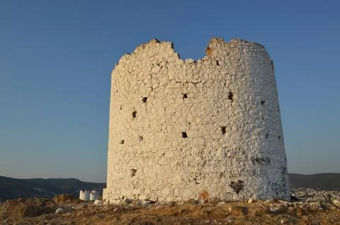 Bodrum windmill for the extraction of olives architecture in Turkey Stock Photos