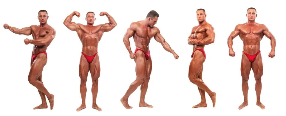 Body builder demonstrating five poses - isolated Stock Photos