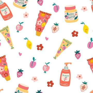 Body cream seamless pattern. Hand drawn cosmetics packaging, serum, cream. Sk Stock Illustration