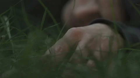 Body of dead man lying in grass, murder of jealousy, banditry rate and crime 스톡 동영상 99845046