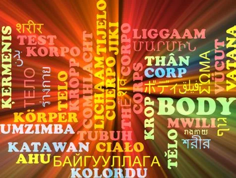 Body multilanguage wordcloud background concept glowing Stock Illustration