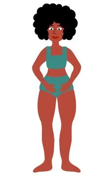 Body positive concept. Black Plus size Woman standing. Girl in green swimsuit. Stock Illustration