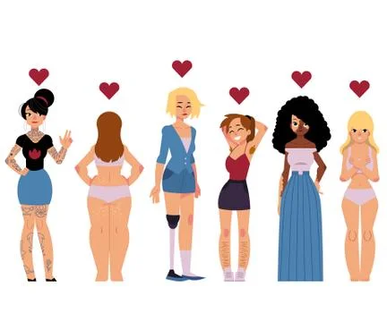 Body positive concept set with young beautiful women with different features of Stock Illustration