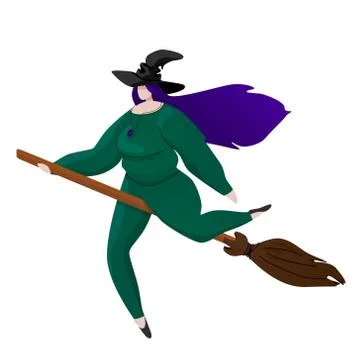 Body positive plus size witch with purple hair and wizard hat on the broom Stock Illustration
