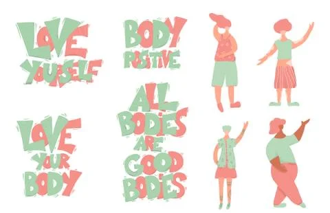 Body positive set. Different beautiful women with confidence and stylized quo Stock Illustration