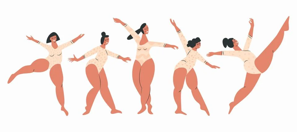 Body positive Smiling and dancing plus size women in swimsuit. Chubby girls g Stock Illustration
