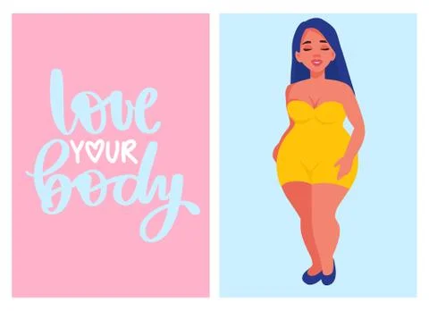 Body positive vector cards. Plus size Woman dressed in swimsuits. Stock Illustration