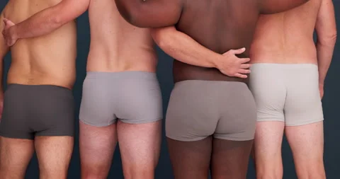 Body positivity, diversity and men in underwear with community, confidence and Stock Footage 249810690