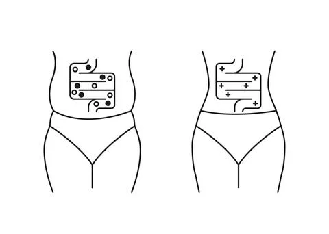 Body with problem intestine and normal health, line icon. Medical weight lo.. Stock Illustration